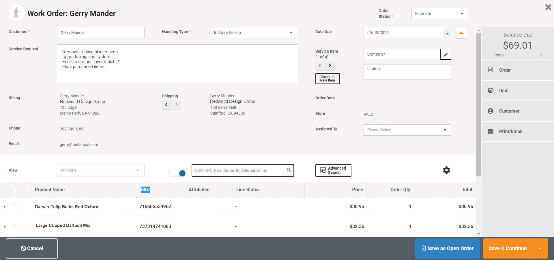 Work Order Landscape Supply POS System